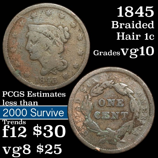 1845 Braided Hair Large Cent 1c Grades vg+
