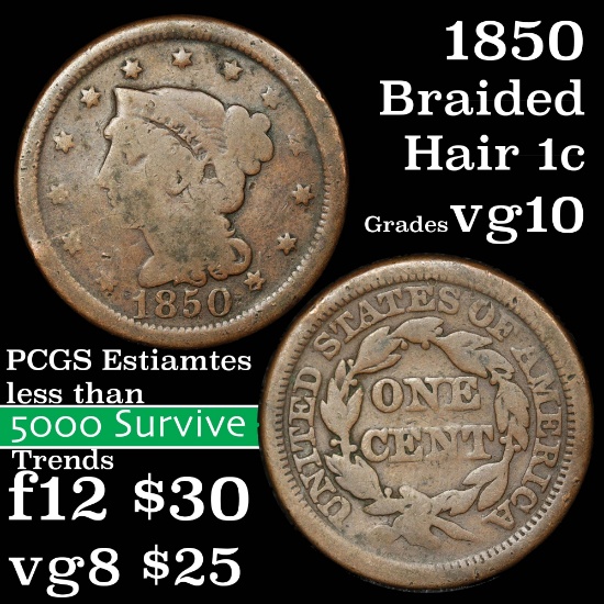 1850 Braided Hair Large Cent 1c Grades vg+