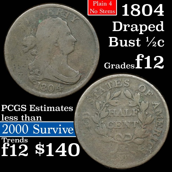 1804 Draped Bust Half Cent 1/2c Grades f, fine