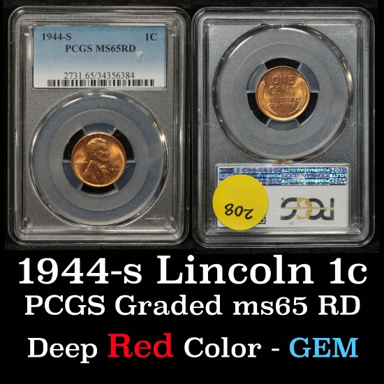PCGS 1944-s Lincoln Cent 1c Graded ms65 RD By PCGS