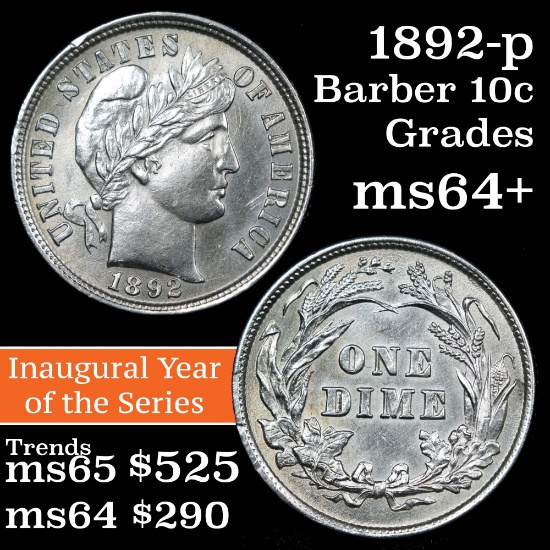 1892-p Barber Dime 10c Grades Choice+ Unc