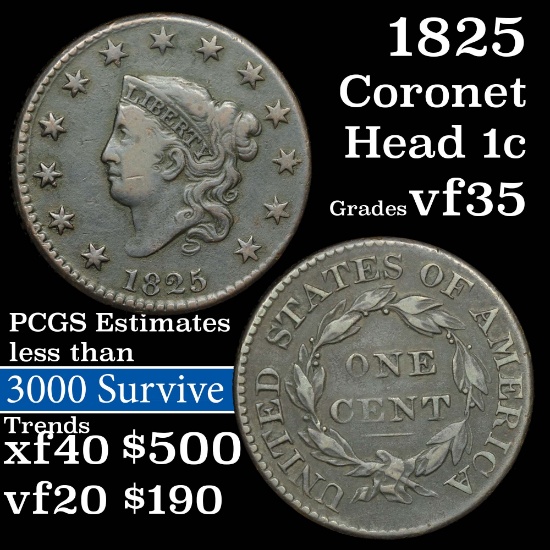 1825 Coronet Head Large Cent 1c Grades vf++