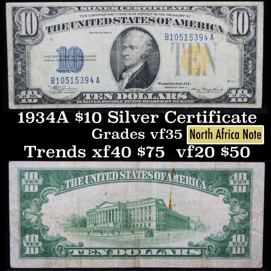1934A $10 Silver Certificate North Africa, Signatures of Julian & Morgenthau Grades vF++