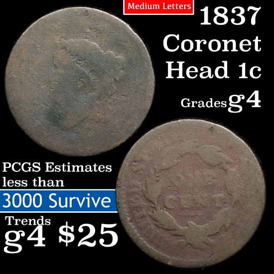 1837 Coronet Head Large Cent 1c Grades g, good