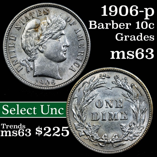 1906-p Barber Dime 10c Grades Select Unc