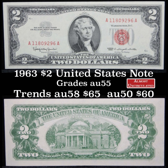 1963 $2 Red Seal United States Note Grades AU, Almost Unc