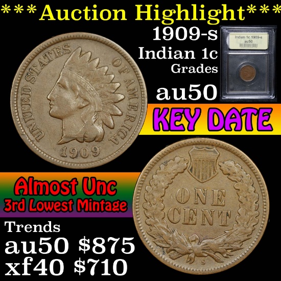 ***Auction Highlight*** 1909-s Indian Cent 1c Graded AU, Almost Unc By USCG (fc)