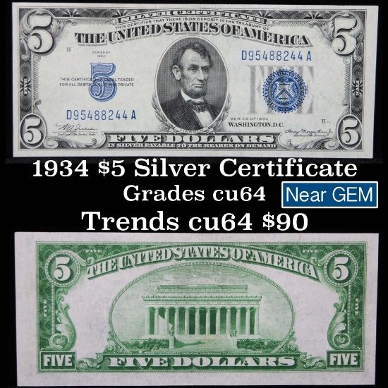 1934 $5 Blue Seal Silver Certificate Grades Choice CU
