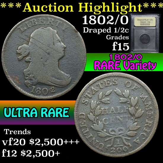 ***Auction Highlight*** 1802/0 Draped Bust Half Cent 1/2c Graded f+ By USCG (fc)