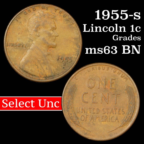 1955-s Lincoln Cent 1c Grades Select Unc BN