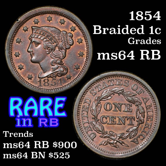 1854 Braided Hair Large Cent 1c Grades Choice Unc RB