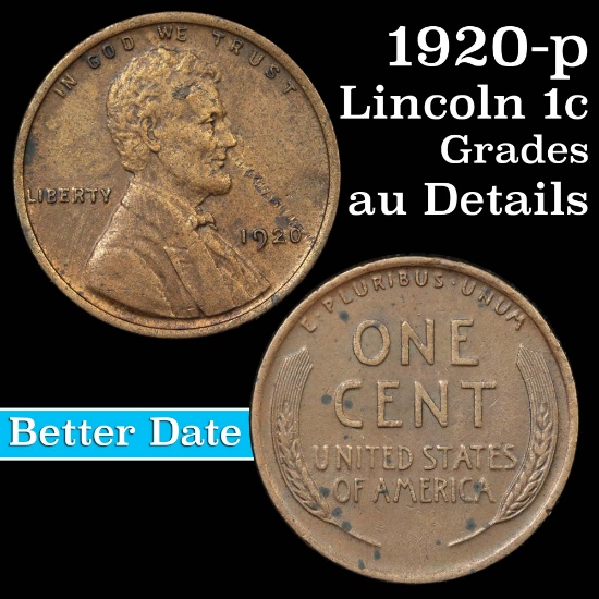 1920-p Lincoln Cent 1c Grades AU Details