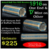 Full roll of Buffalo Nickels, 1916 on one end & a 'd' mint reverse on other end (fc)