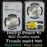 NGC 1923-p Peace Dollar $1 Graded ms64 By NGC