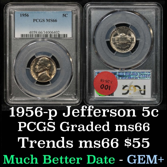 PCGS 1956-p Jefferson Nickel 5c Graded ms66 By PCGS