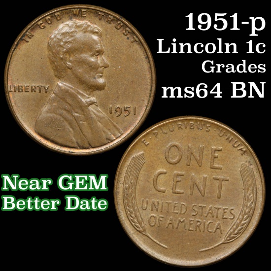 1951-p Lincoln Cent 1c Grades Choice Unc BN