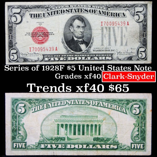 1928F $5 Red Seal United States Note Grades xf
