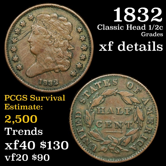 1832 Classic Head half cent 1/2c Grades xf details