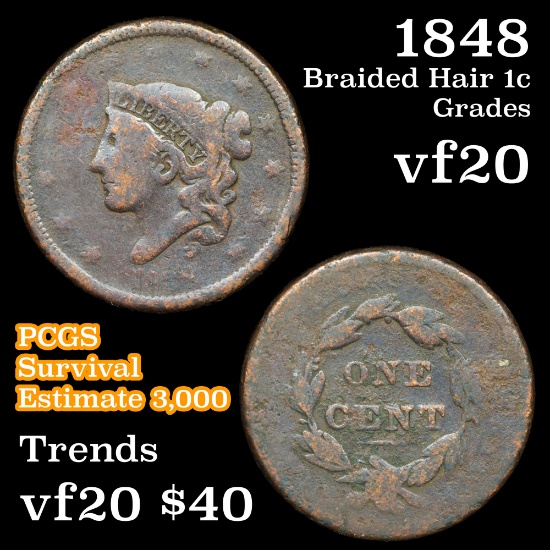 1848 Braided Hair Large Cent 1c Grades vf, very fine