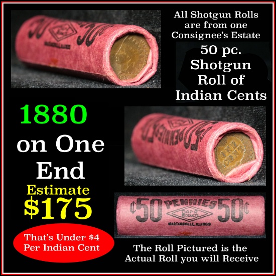 Indian Head Penny 1c Shotgun Roll, 1880 on one end, reverse on the other