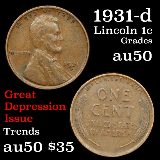 1931-d Lincoln Cent 1c Grades AU, Almost Unc