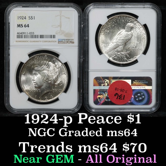 NGC 1924-p Peace Dollar $1 Graded ms64 By NGC