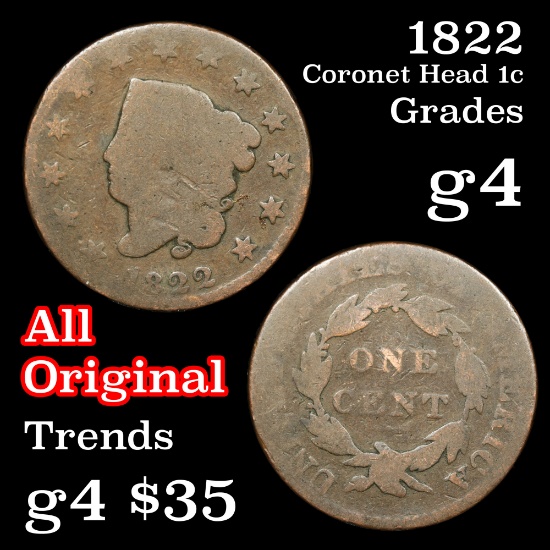 1822 Coronet Head Large Cent 1c Grades g, good
