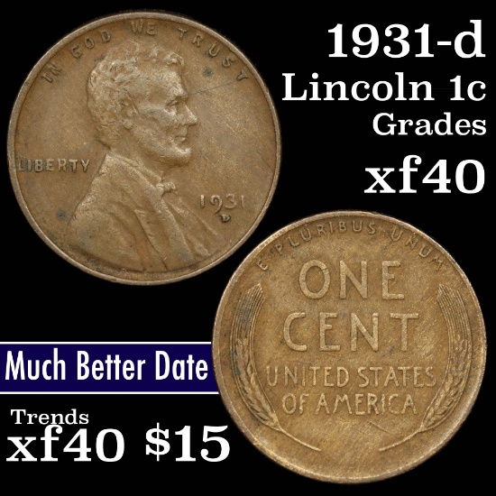 1931-d Lincoln Cent 1c Grades xf