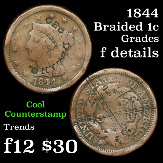 1844 Braided Hair Large Cent 1c Grades f details