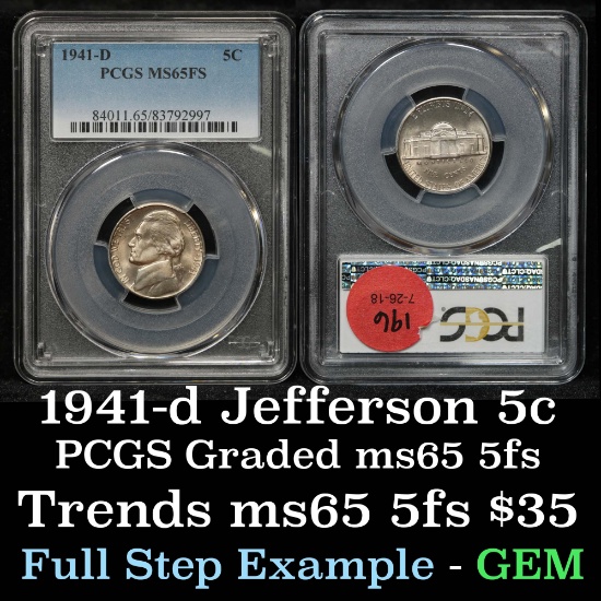PCGS 1941-d Jefferson Nickel 5c Graded ms65 5FS By PCGS
