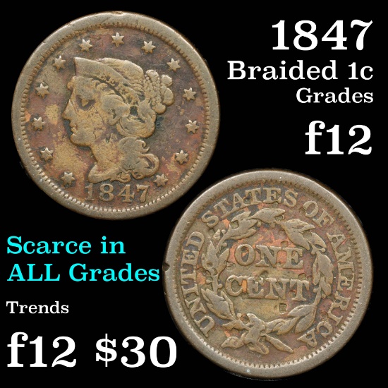 1847 Braided Hair Large Cent 1c Grades f, fine