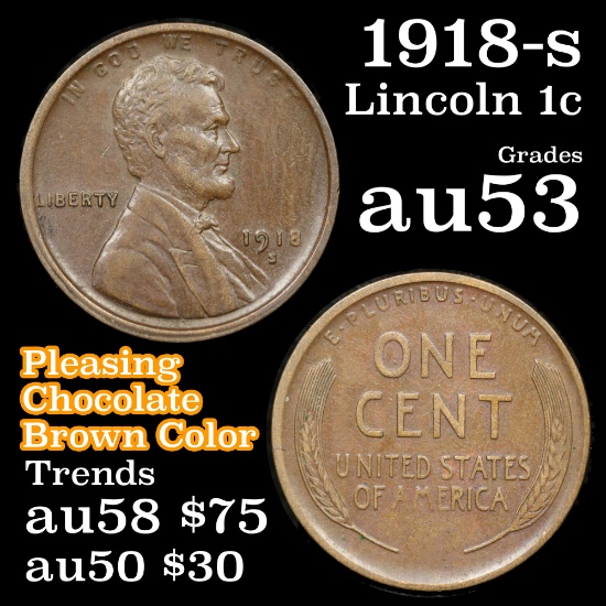 1918-s Lincoln Cent 1c Grades Select AU