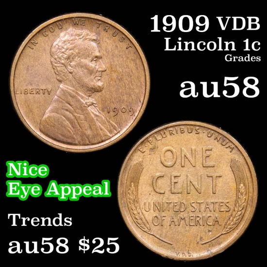 1909 VDB Lincoln Cent 1c Grades Choice AU/BU Slider