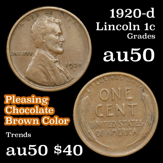 1920-d Lincoln Cent 1c Grades AU, Almost Unc