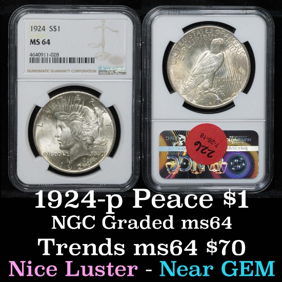 NGC 1924-p Peace Dollar $1 Graded ms64 By NGC