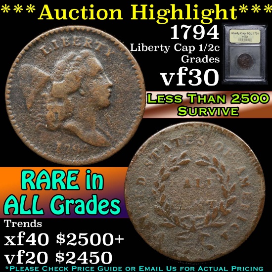 ***Auction Highlight*** 1794 Liberty Cap 1/2c Graded vf++ by USCG (fc)
