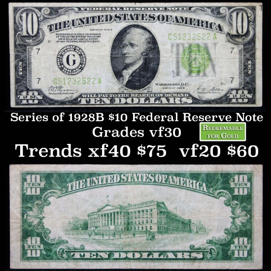 1928B $10 Green Seal Federal Reserve Note Grades vf++
