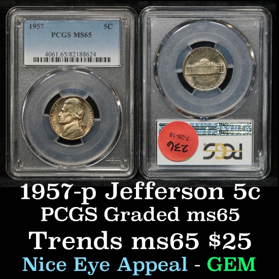 PCGS 1957-p Jefferson Nickel 5c Graded ms65 By PCGS