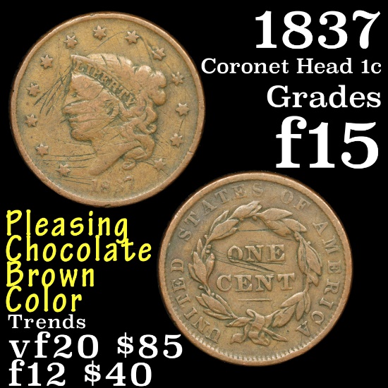 1837 Coronet Head Large Cent 1c Grades f+