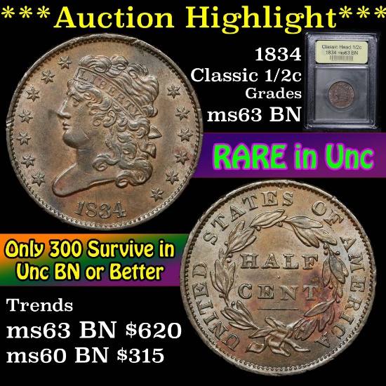 ***Auction Highlight*** 1834 Classic Head half cent 1/2c Graded Select Unc BN by USCG (fc)