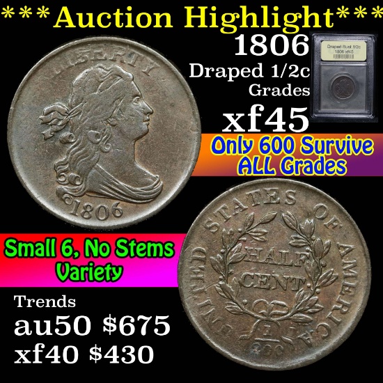 ***Auction Highlight*** 1806 Draped Bust Half Cent 1/2c Graded xf+ by USCG (fc)