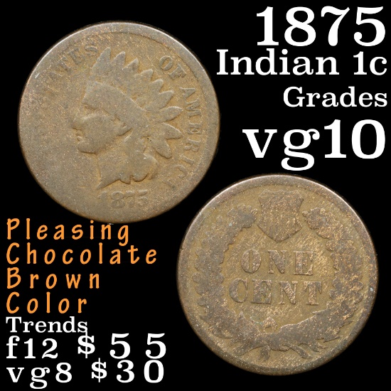 1875 Indian Cent 1c Grades vg+