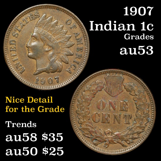 1907 Indian Cent 1c Grades Select AU