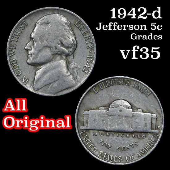 1942-d Jefferson Nickel 5c Grades vf++