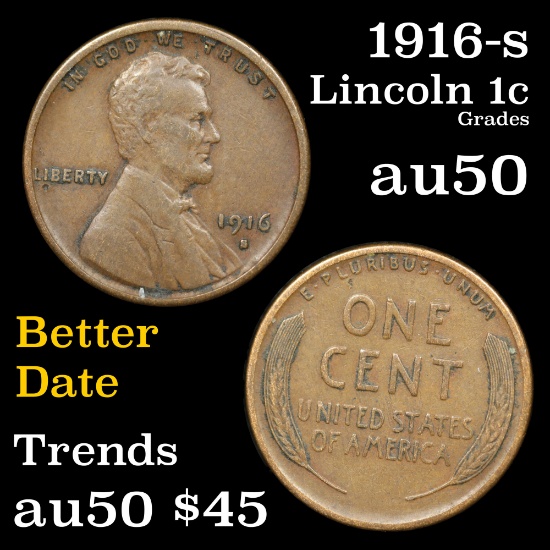 1916-s Lincoln Cent 1c Grades AU, Almost Unc