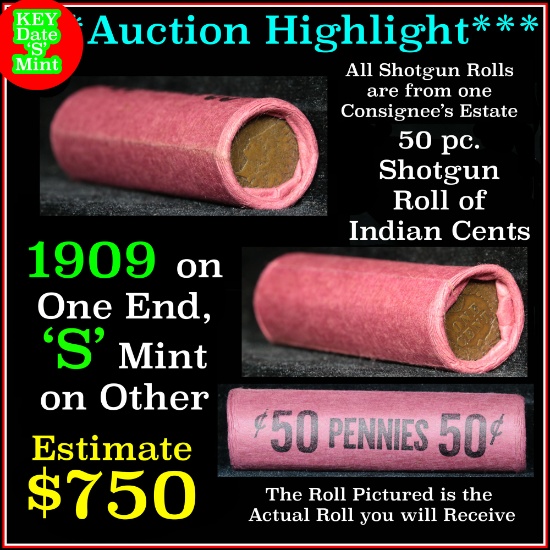 ***Auction Highlight*** Indian 1c Shotgun Roll, 1909 end, KEY date 's' mint on the other, Wow! (fc)