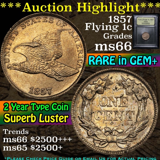***Auction Highlight*** 1857 Flying Eagle Cent 1c Graded GEM+ Unc by USCG (fc)
