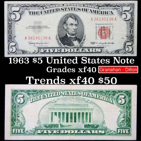 1963 $5 Red seal United States Note Grades Xf