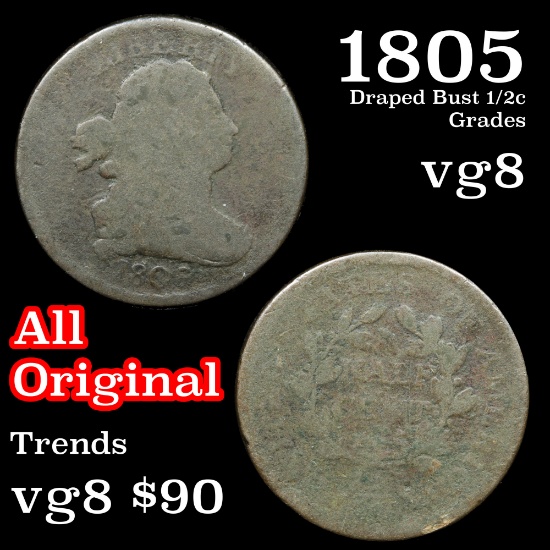 1805 Draped Bust Half Cent 1/2c Grades vg, very good