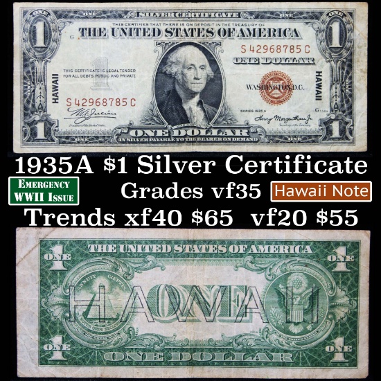 1935A $1 Silver Certificate Hawaii, Signatures of Julian & Morgenthau Grades vf++